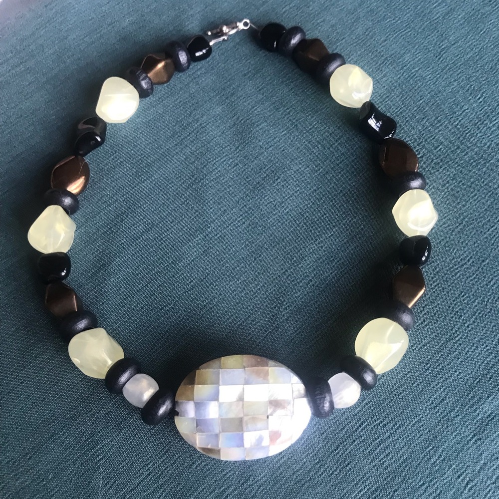 $29 Iridescent cloisonné and stone necklace